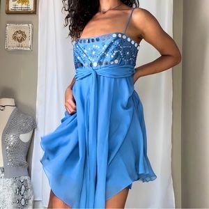 BCBGMaxAzria Embellished Blue Silk Chiffon Cocktail Mini Dress